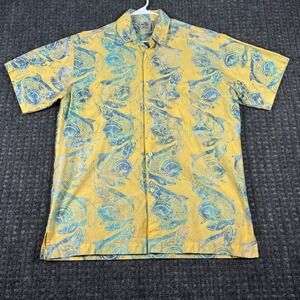 Rum Reggae Fish Print Button Up Shirt Short Sleeve Cotton Size M Yellow Blue